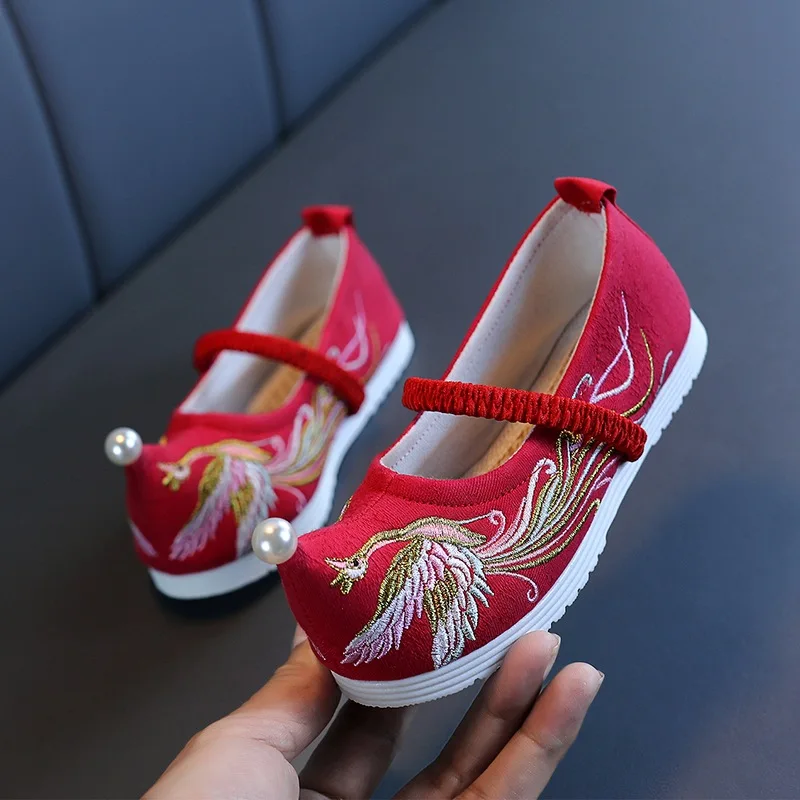 New Chinese Hanfu Baby Girls Dance Shoes Vintage Retro Birds Embroidery Pearl Flats Kids Cotton Stage Shoes Children Cloth Shoes