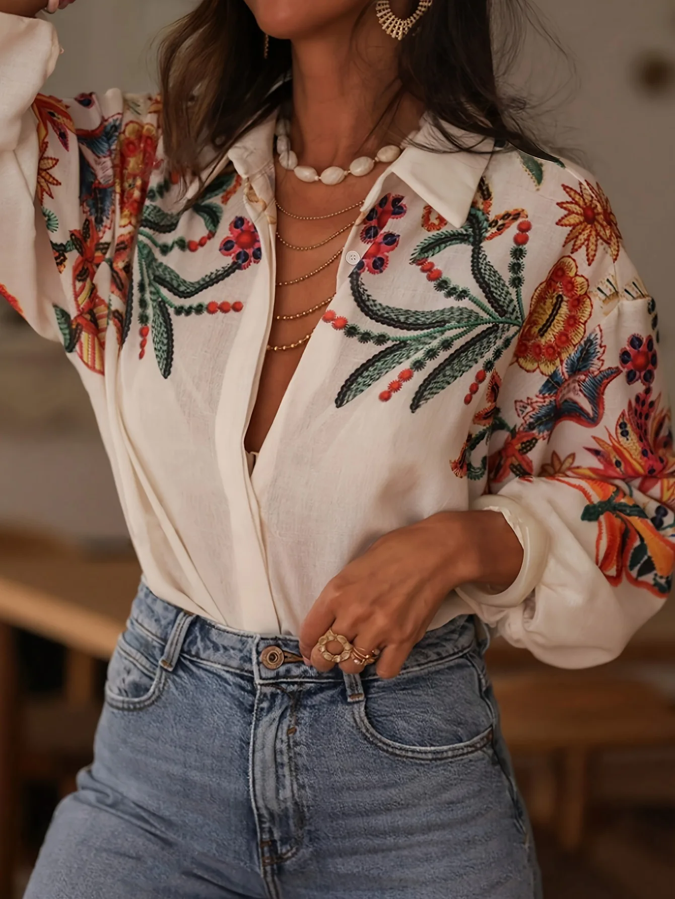 Kemeja Wanita Terbaru 2025 Bermotif Lengan Panjang Longgar Kancing Cardigan Atasan Trendi Fashion Kasual Blus untuk Wanita