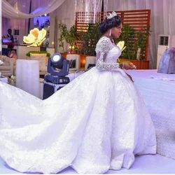 Customized Africa Ball Gown Wedding Dresses Long Sleeves Scoop Neck Bridal Gowns Court Train Vestido De Noiva robe de mariée