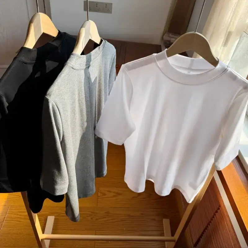 

Женская хлопковая футболка с воротником-стойкой, весна-лето, свободные повседневные футболки со средними рукавами и круглым вырезом