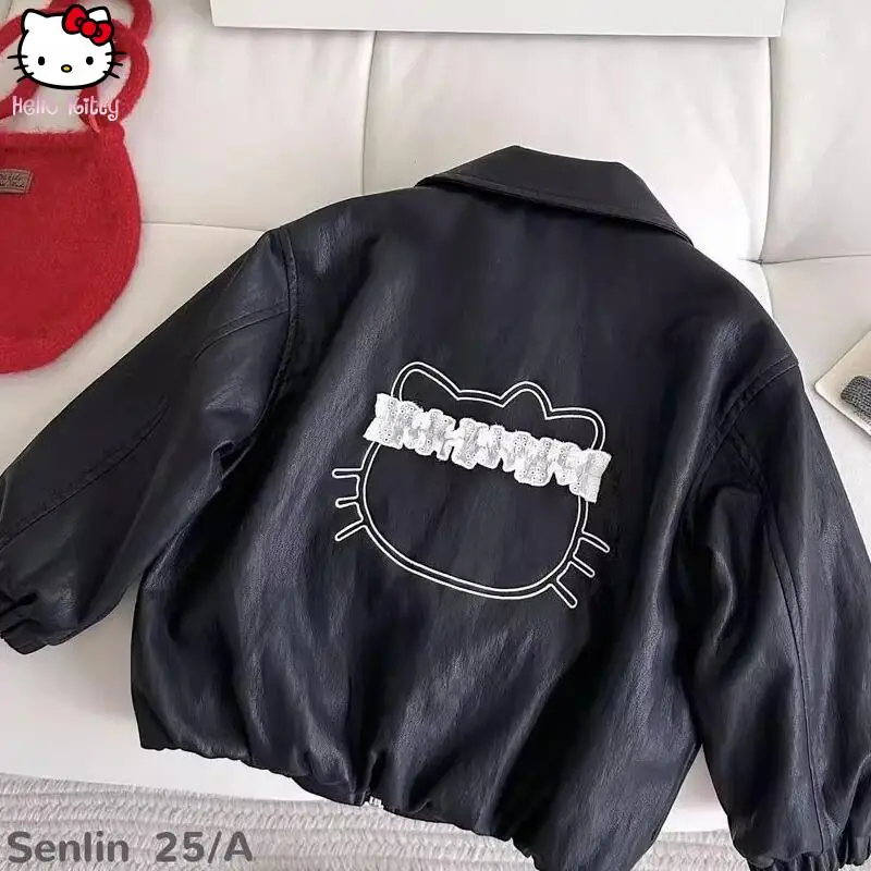 

Куртка из искусственной кожи Y2K Hello Kitty для девочек, в стиле аниме, кавайная, весенне-осенняя, с мультяшным принтом, свободная, модная, черная, повседневная, для студентов