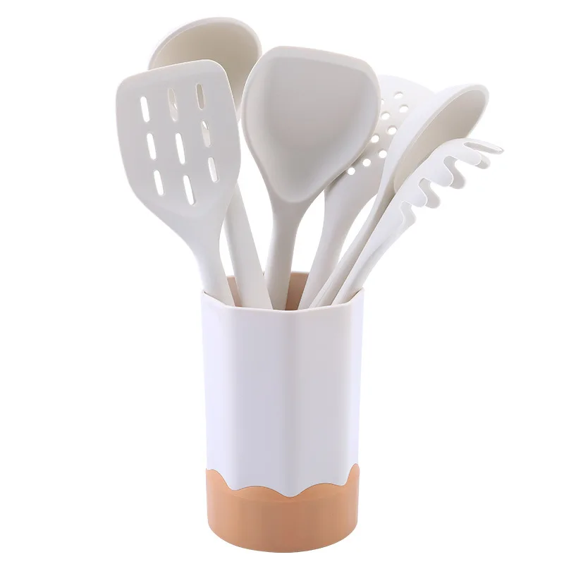 1PC Thickened white wooden handle silicone kitchenware seven piece set, silicone spatula kitchen cooking utensils