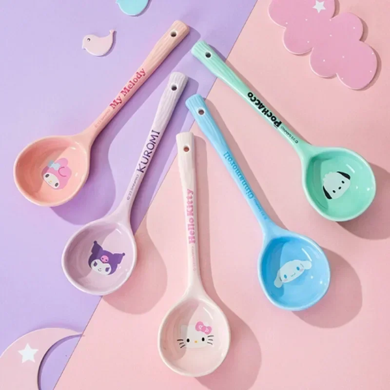 

Sanrio Cinnamoroll Hello Kitty Anime Ceramic Long Handle Spoon Cute Cartoon My Melody Household Soup Spoon Tableware Girls Gift