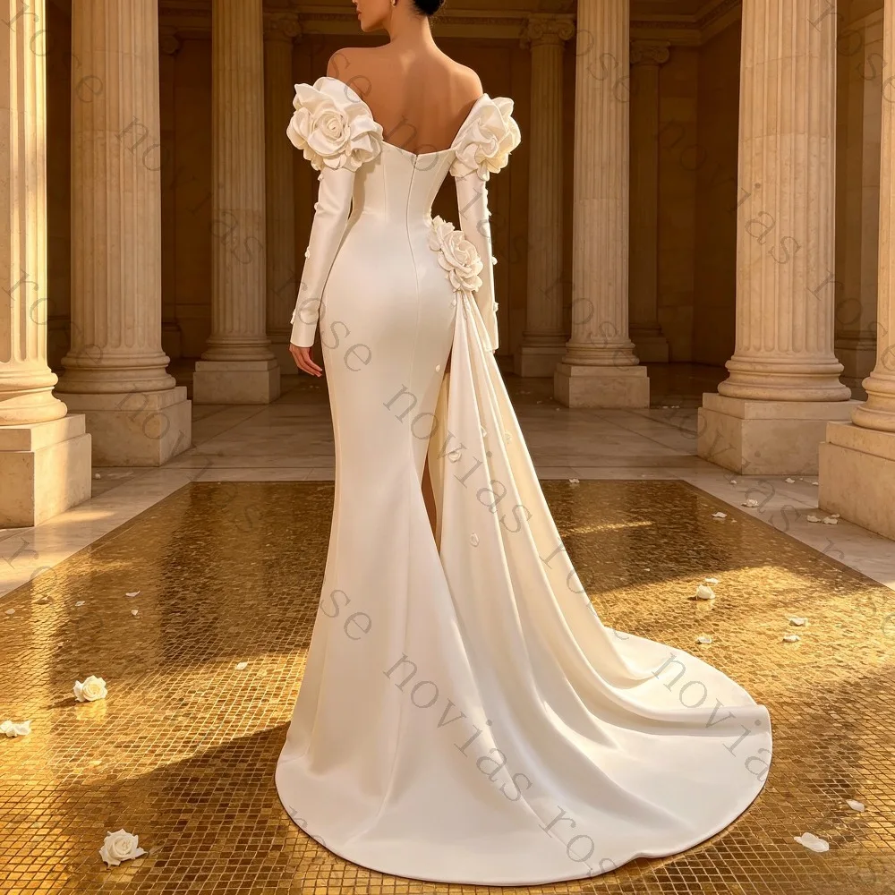 Customized Off Shoulder Deep V Rose Floral Satin Mermaid Gown Long Sleeves High Slit  White Wedding Dress Vestidos De Novia