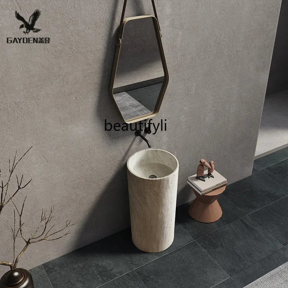 A32 cqyMedieval beige travertine round integrated forming floor washing hand washing face column basin villa hotel bathroom