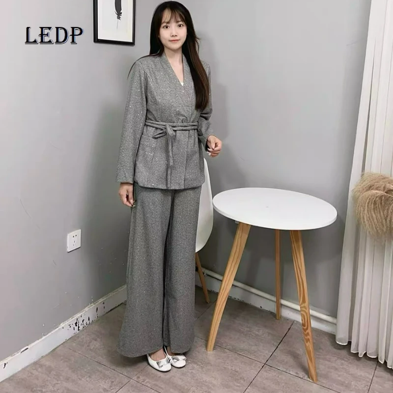 

Autumn New Korean Fashion V-neck Belt Slim Long Sleeve Top Slimming Wide Leg Pants Suit Two-Piece Sets Women Business Outfits