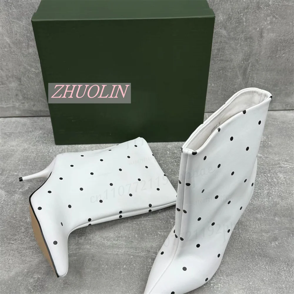 Women Black White Polka Dot Mid Calf Boots Pointed Toe Kitten Heels Wide Straight Shaft Smooth Finish Autumn Casual Dress Shoes - view 2