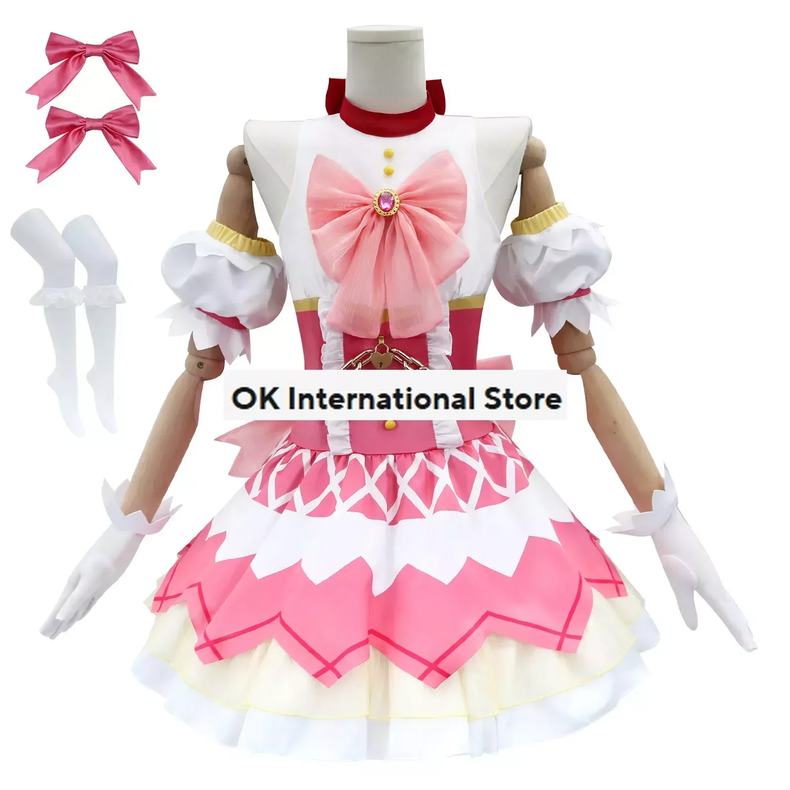 Anime Puella Magi Madoka Magica Cosplay Fantasia, Kaname Kaname, Peruca, Grampos de cabelo, Filme Arco, Meninas, Último vestido mágico