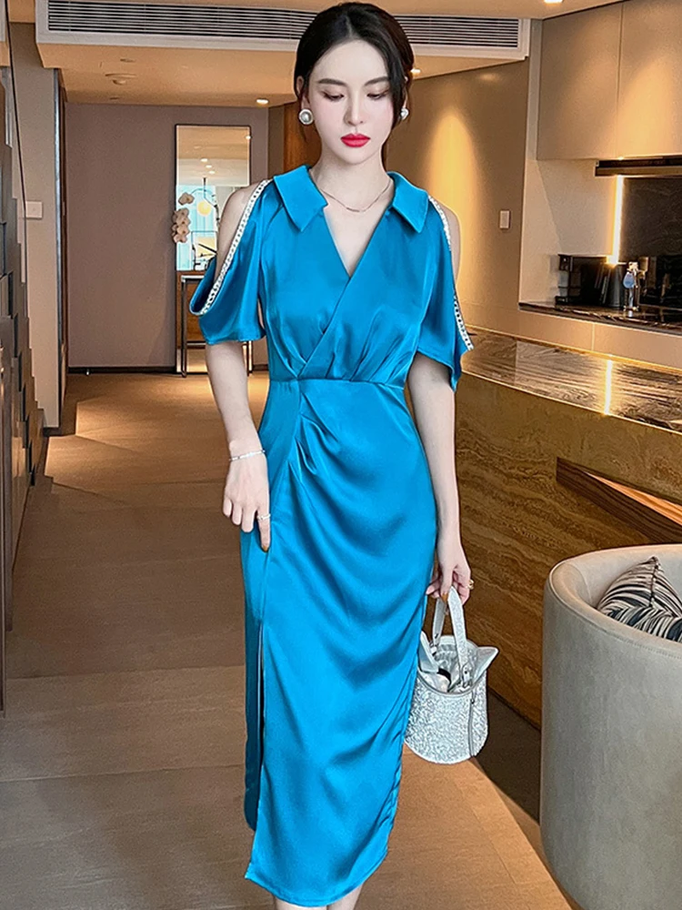 

French Satin Elegant Women Evening Dress Chic Formal Casual Hollow Folds Slim Midi Party Club Commute Lady Femme Mujer Vestidos