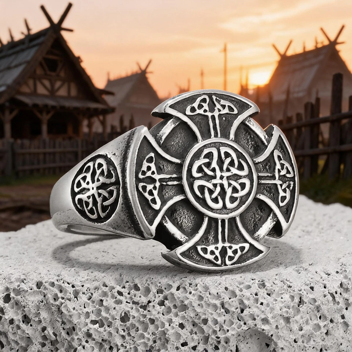 Celtic Knot Cross Ring Vintage Stainless Steel Men Irish Retro Rings Rock Punk for Male Rider Amulet Jewelry Gift Daily Wear