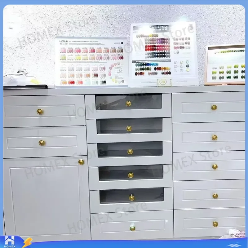 White Nordic Nail Salon Display Cabinet Floor Standing Storage Unit with Drawers for Nail Polish Gel Lacquer Organizer Locker