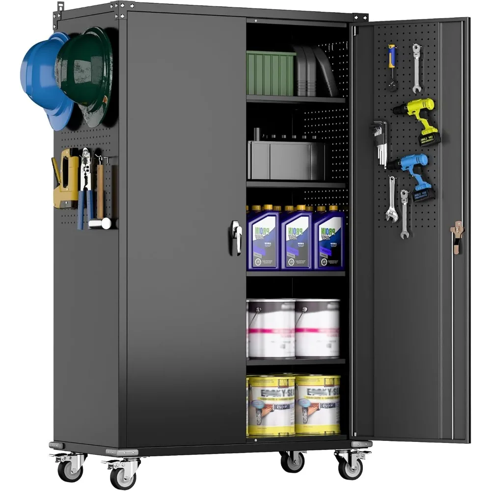 

2025 Upgraded Wide & Deep Garage Storage Cabinet with Wheels, Lockable Metal Storage Cabinet with Pegboards and 9 Hooks, 2 Tool