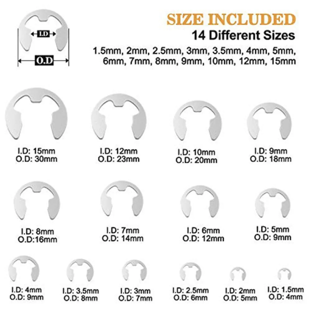 380PCS 304 Stainless Steel Stainless Steel E Clip Washer Assortment Kit Circlip Retaining Ring for Shaft Fastener 1.5mm-15mm