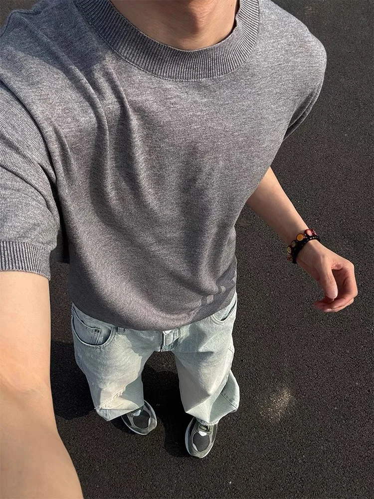 

Мужская летняя повседневная футболка с маленьким воротником в американском стиле ретро Cleanfit ey Knitted ort Sve Base irt Trendy Faion Urban Sle