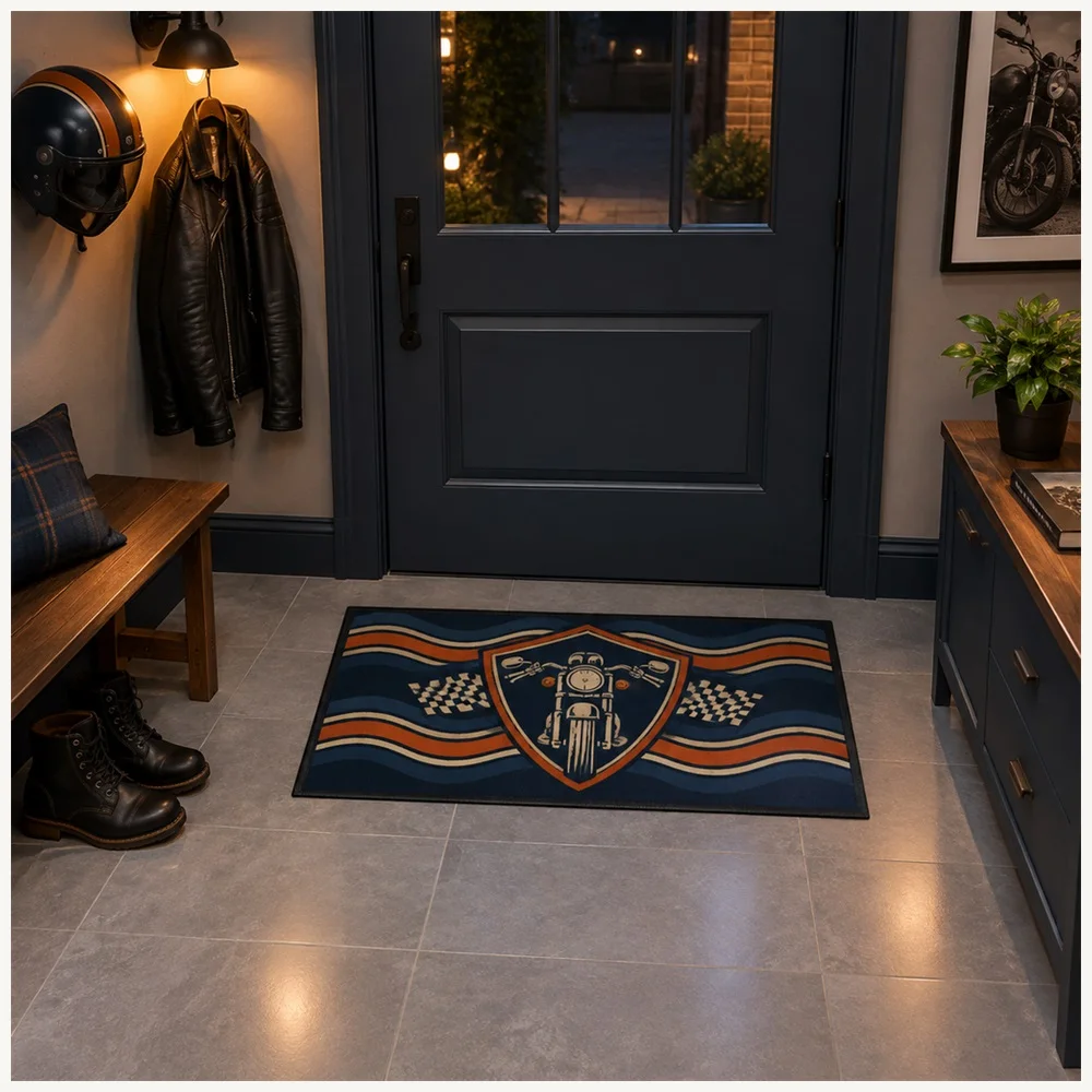 VIKAMA Racing Retro Navy Orange Biker Emblem Flannel Door Mat, Washable Quick Dry Door Mat, Garage Decor for Landing, Pantry