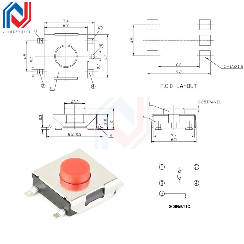 20PCS/LOT 6*6*2.5mm 3.1mm 3.4mm 5mm SMD Switch 4 / 5 Pin feet Touch Micro Switch Push Button Switches Red 6X6 Tact Switch