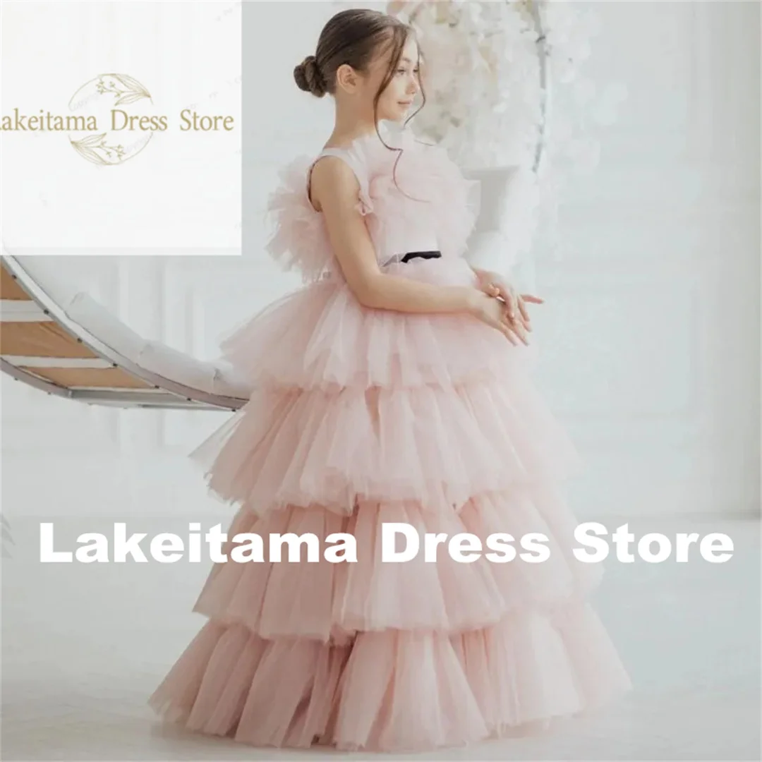 Personalização de casamento aniversário tule em camadas preto flor menina vestidos fita sem mangas para banquete baile de formatura vestidos de princesa