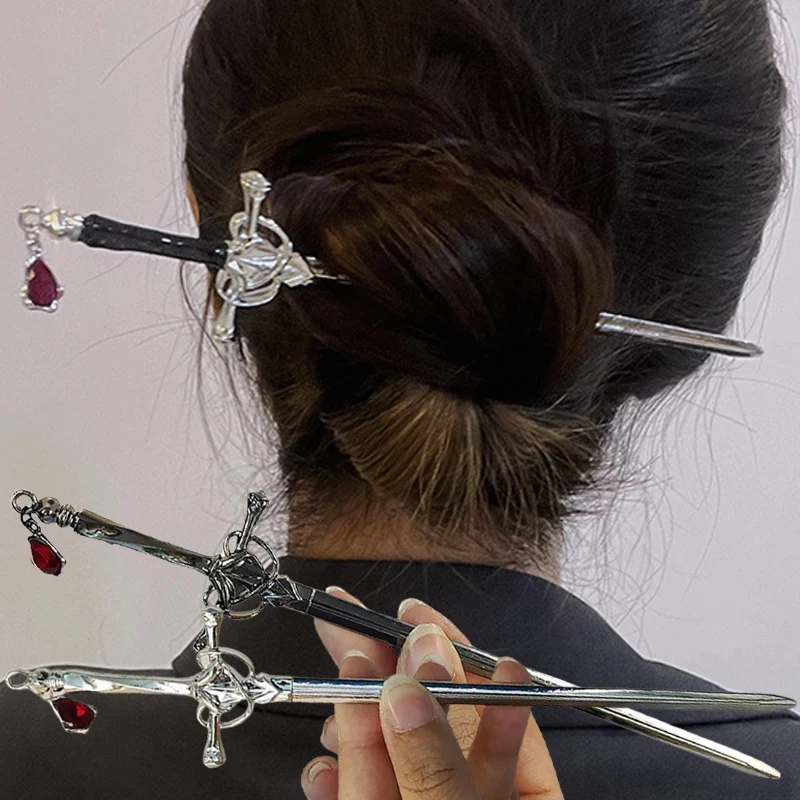 Vintage chinesischer Stil Schwert Edelstein Anhänger Quaste Haarstab für Frauen Metall Hanfu Essstäbchen Haarstäbchen Haarschmuck