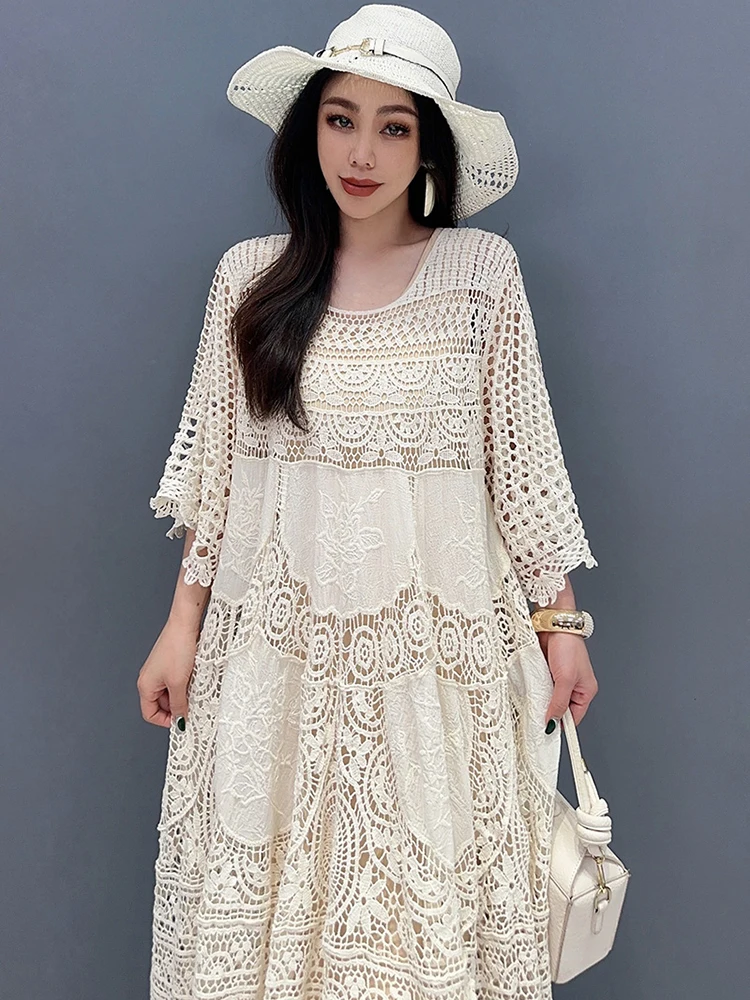 SHENGPALAE Lace Dress With Mid Sleeves Large Hem 2024 Spring Summer New Hollow Out Elegant Lady Fashion Loose Women Robe 5R9579