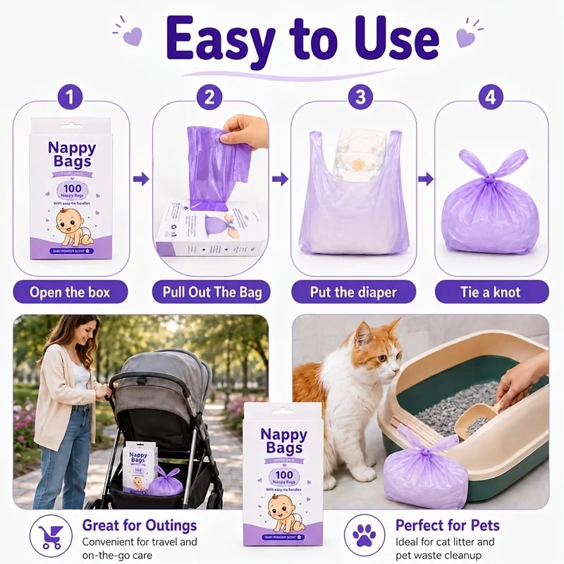 100-Pack Diaper Disposal Bags, Portable Disposable Diaper Wet Waste Bags, Scented Diaper Collection Bags, Vest-Style Baby Diaper Bags view 4
