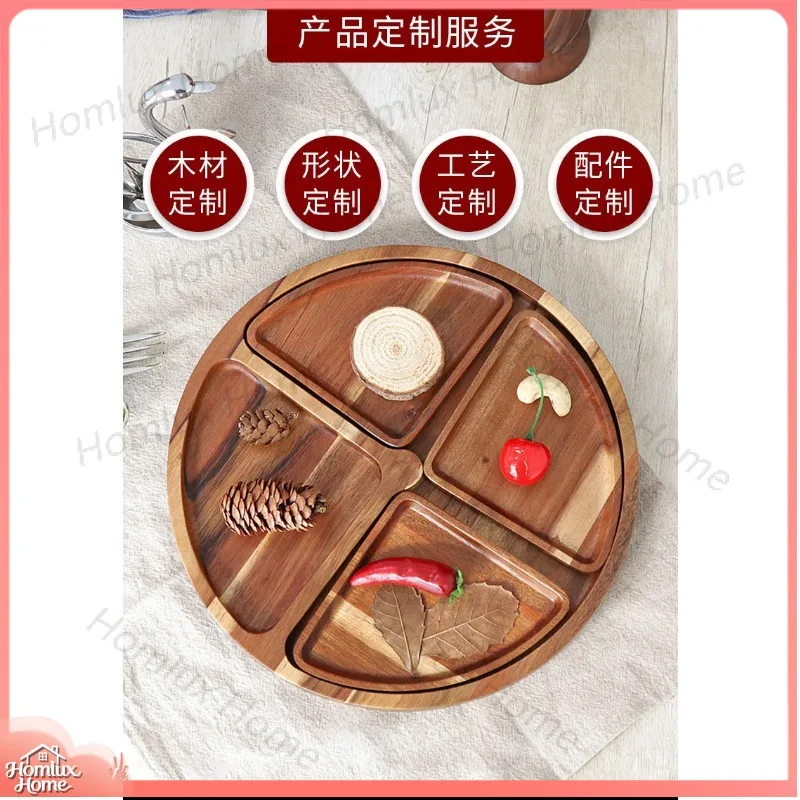Custom Wooden Dessert Plate Fruit Serving Tray Grid Design Snack Plate Solid Wood Dim Sum Plate Party Appetizer Platter Home