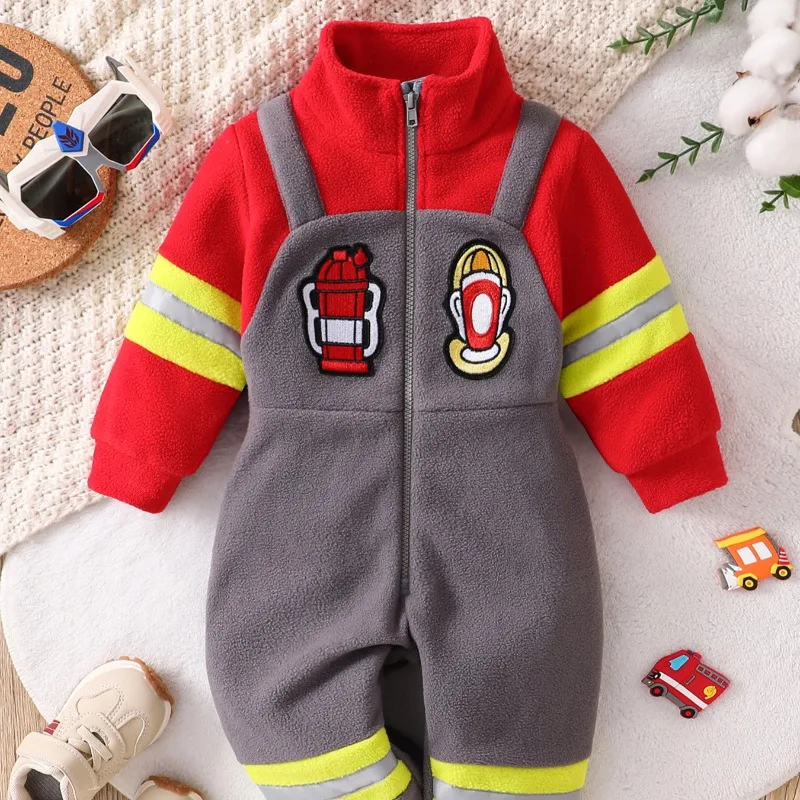 Newborn Baby Firefighter Romper Hooded Bodysuit Costume Jumpsuit Onesie Toddler Warm Plush Fleece Winter Playsuit