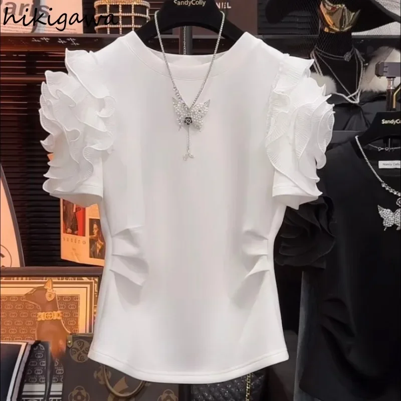 

Sweet White Tshirts for Women Short Sleeve O-neck Summer Tees 2024 Ropa Mujer Oversized Tops Casual Fashion Ruffles T Shirt