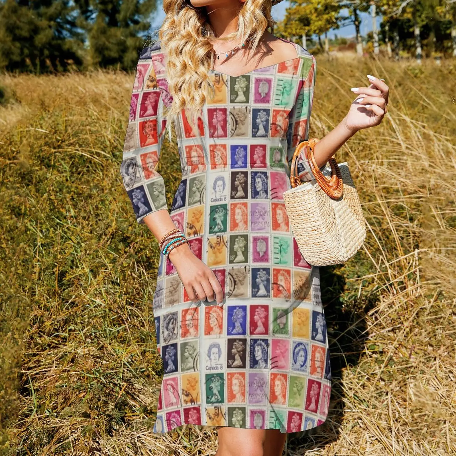 Majesty Queen Elizabeth Casual Dress Ladies Postage Stamps Aesthetic Dresses Elegant Dress With Bow Summer Oversized Vestido