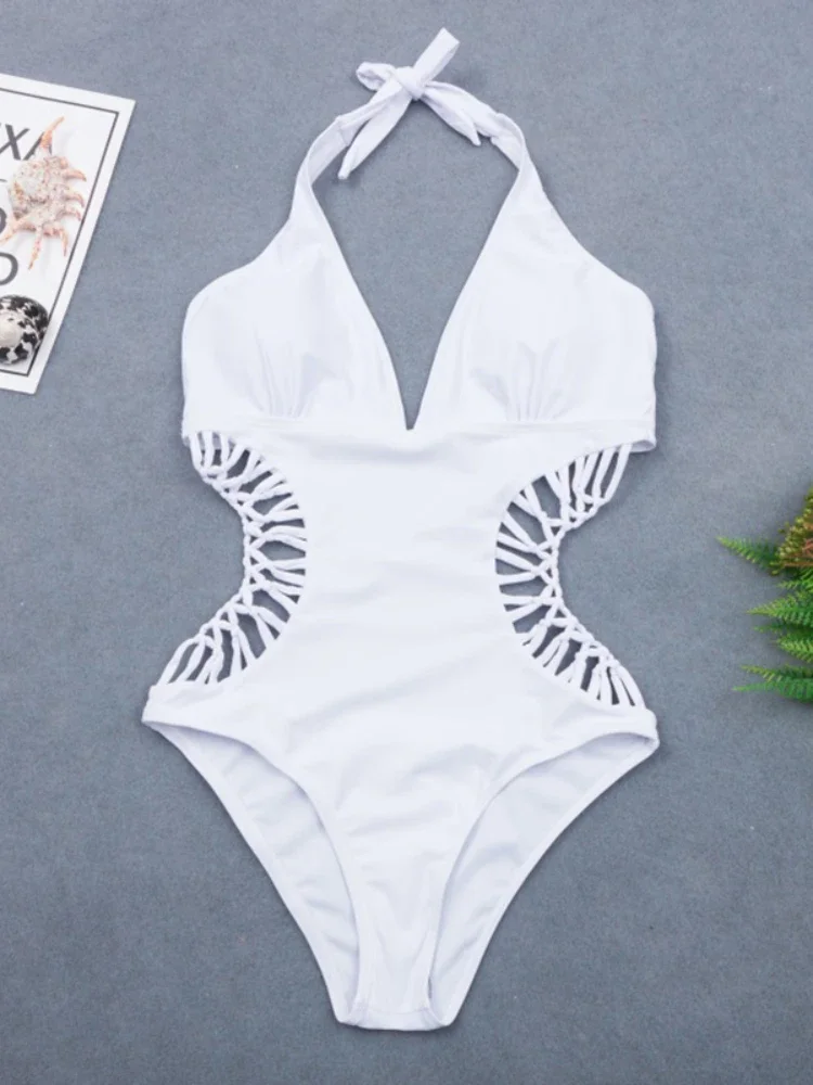 2025 Sexy White Halter Cut Out Bandage Trikini Swim Bathing Suit Monokini Push Up Brazilian Swimwear Women One Piece Swimsuit