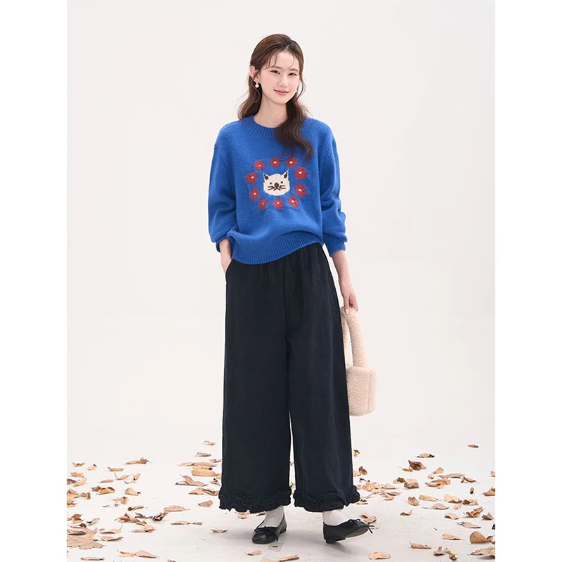 MEXZT Vintage Corduroy Wide Leg Pants Women Harajuku Ruffles Patchwork Baggy Pants Japanese Streetwear Casual Straight Trousers