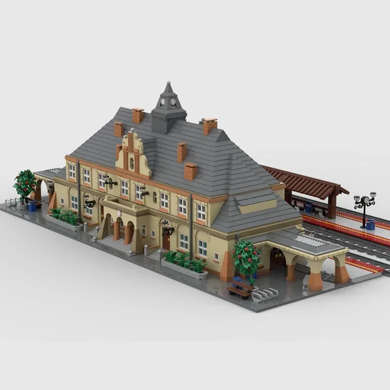 City Street View-modelo Moc, ladrillos de construcción, estación de tren neoclásica, tecnología de bloques, regalos, juguetes de Navidad, conjuntos DIY de montaje