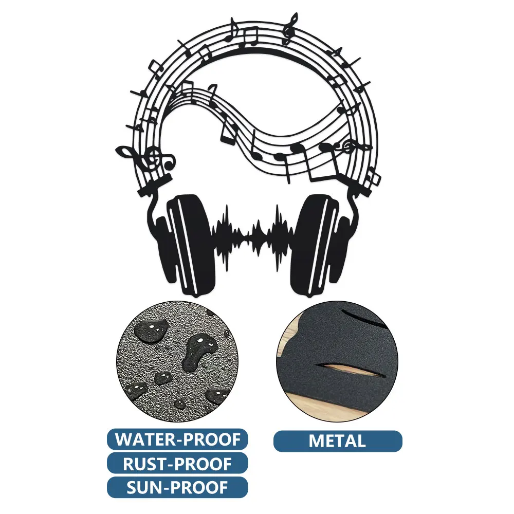 Elegant Headphones Metal Wall Art - Soundwave Design, Sheet Music Studio Decor, Indoor/Outdoor Iron Mural for Home, Patio