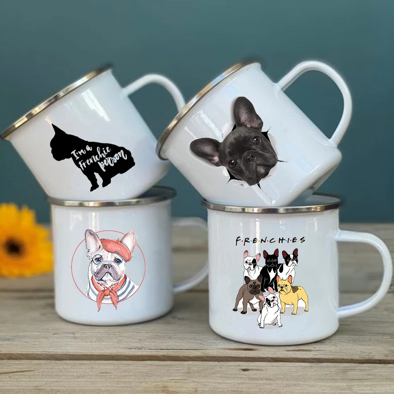 Emaille-Tasse mit französischer Bulldogge-Aufdruck, kreative Kaffeetassen, Getränke, Dessert, Frühstück, Milchbecher, Vintage-Tassen, Griff, Trinkgeschirr, beste Geschenke