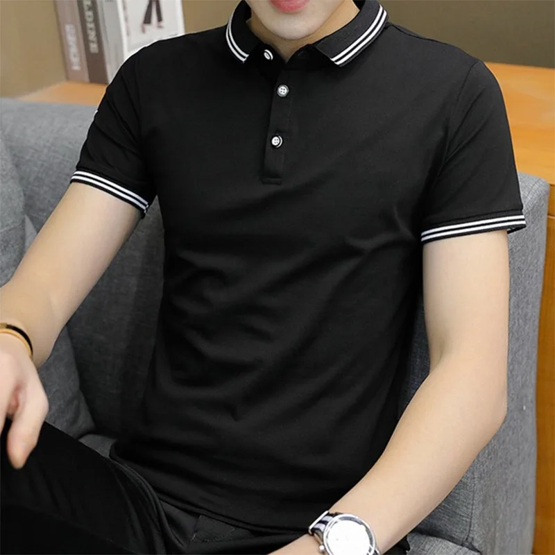 Summer Short Sleeve Polo Shirt New Men\'s Clothing Turn-down Collar Business Casual Fashion Polyester Loose Button Striped Tops