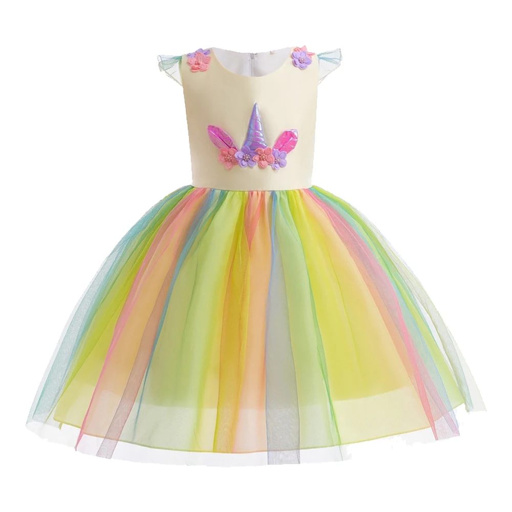 Girls Yellow Unicorn Sleeveless Dress Kids Princess Cosplay Outfit for Halloween Christmas Birthday Party