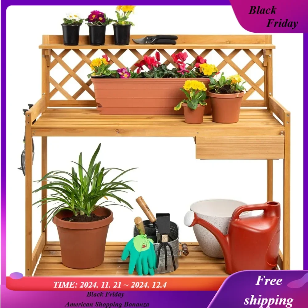 Outdoor Garden Potting Bench, Wooden Workstation Table w/Cabinet Drawer, Open Shelf, Lower Storage