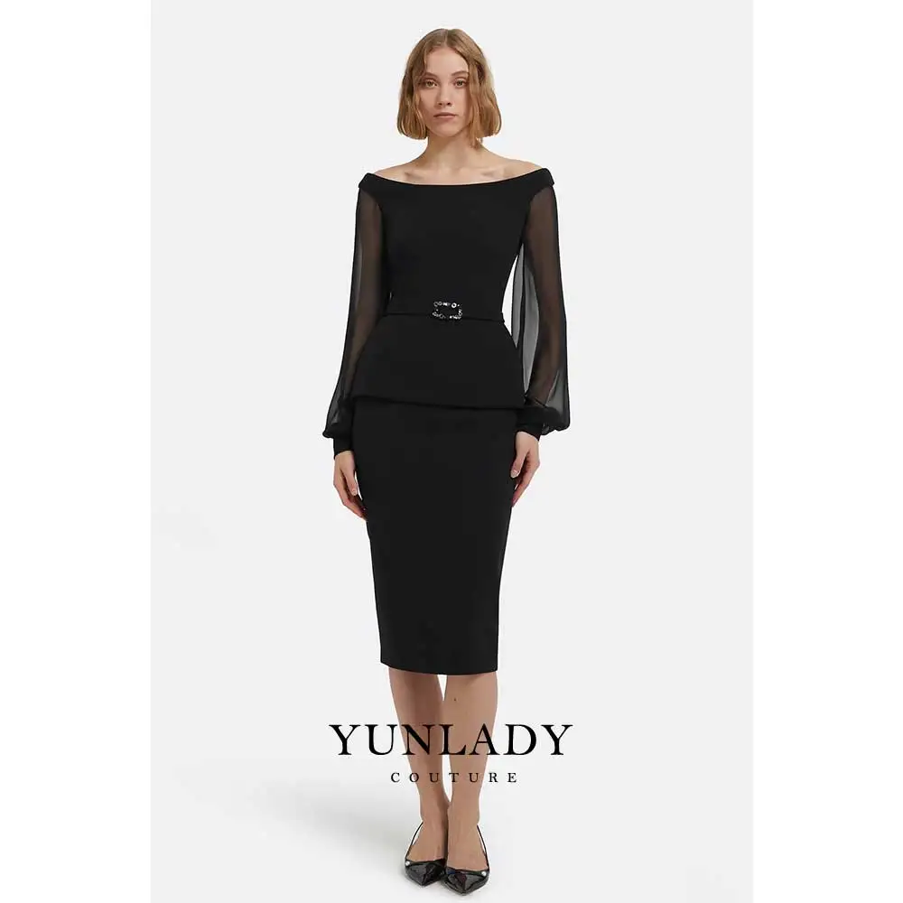 Customized 2 Pieces Cocktail Dress Black Puff-Sleeve Off-Shoulder Tulle Evening Gown for Women 2026 Tea Length Formal Party Dres