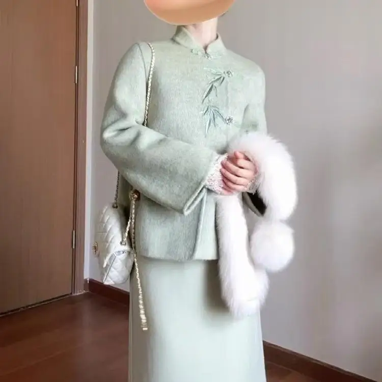 

Элегантный зимний комплект: женское шерстяное пальто и юбка в новом китайском стиле, с высокой талией, А-силуэт, длинный рукав, утепленный, модный.