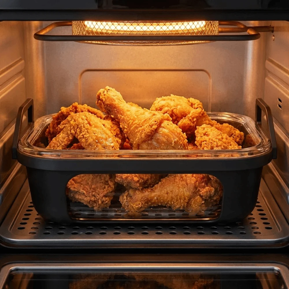 

Silicone Handle Air Fryer Glass Baking Pan Removable Heat Resistant Large Capacity Baking Dish Dustproof Baking Pan Oven-Safe
