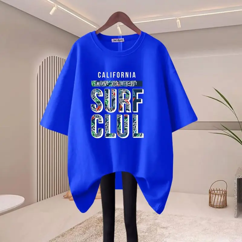 Women Fashion Letter Printing Y2k T-shirts Summer Pure Cotton O-neck Short Sleeve Basic Tee Office Lady Oversized Tops 45-105Kg