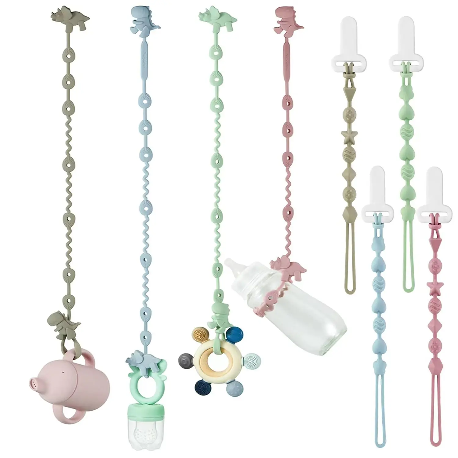 Paquete de 8 clips para chupete de silicona de dinosaurio y correas de juguete para bebés, niños y niñas, diseño sin BPA