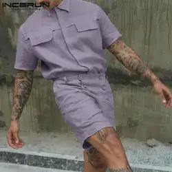 INCERUN 2024 American Style Fashion Sets Men Short Sleeved Shirt Solid High Waisted Shorts Casual Streetwear Two-piece Set S-5XL