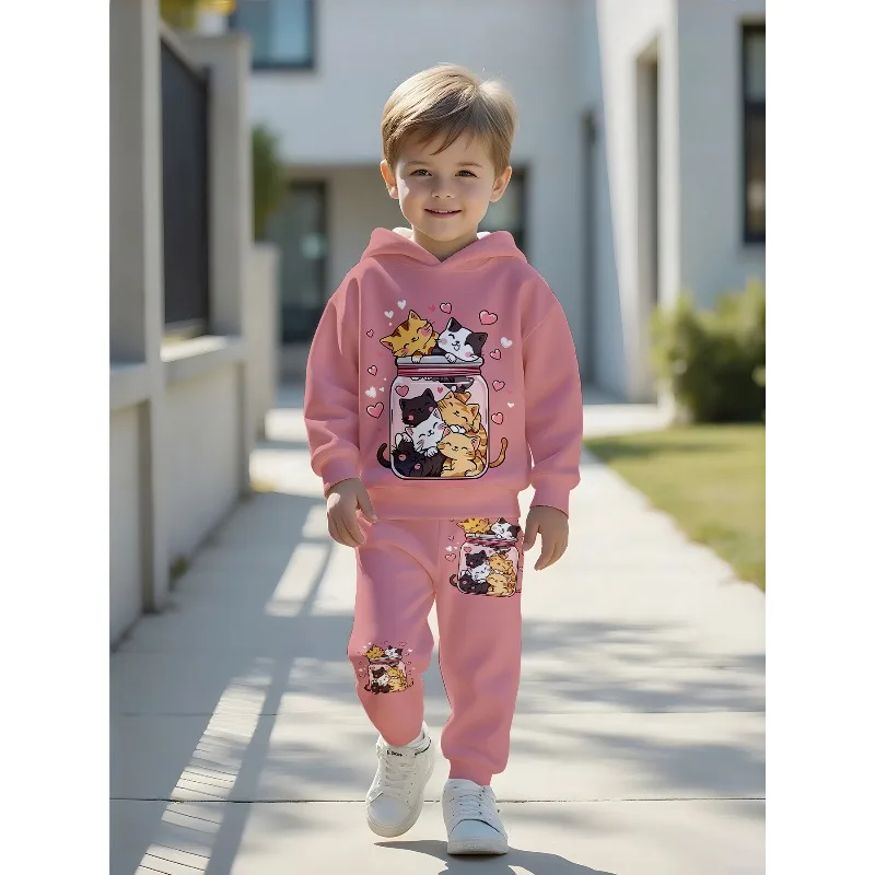 Kids Hoodie Jogger: Jar Cat Print, Bubble Tea Capybara Graphic, Lovely Stitch Pattern Kid Tracksuit