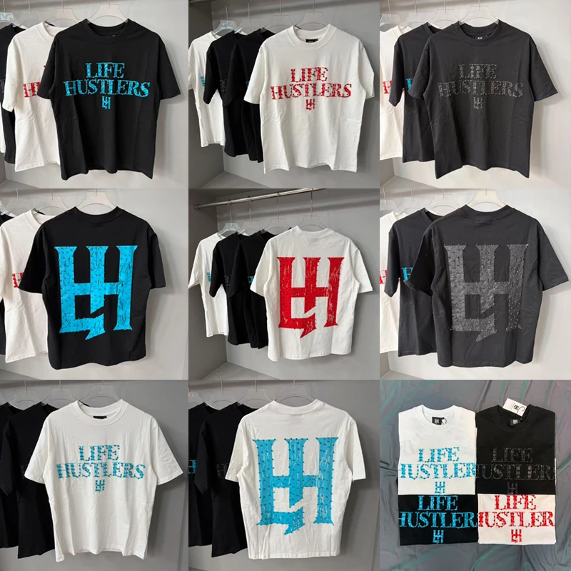 

LIFE HUSTLERS Top Tee 2026 New Real Photo Multi-color Letter Hot Diamond Print Short Sleeve Men Women Couple Loose Tshirts