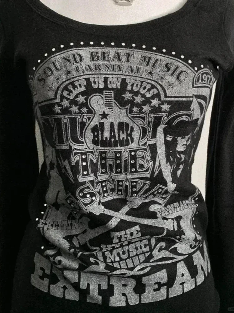 Harajuku Gothic Black T Shirt Women Long Sleeve Y2K Vintage Tops Dark Academic Female Casual O-Neck Slim American Women Clothing