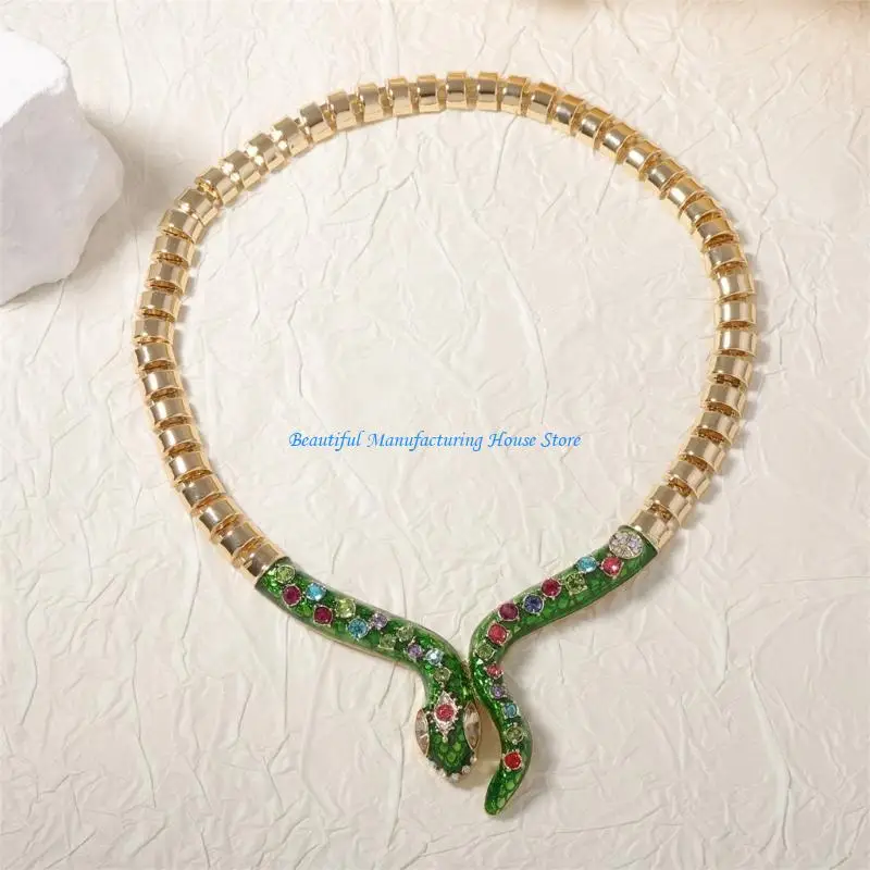 

E56A Fashionable Snake Necklace with Rhinestones Statement Holiday Party Accessories Animal Neckchain for Music Festivals