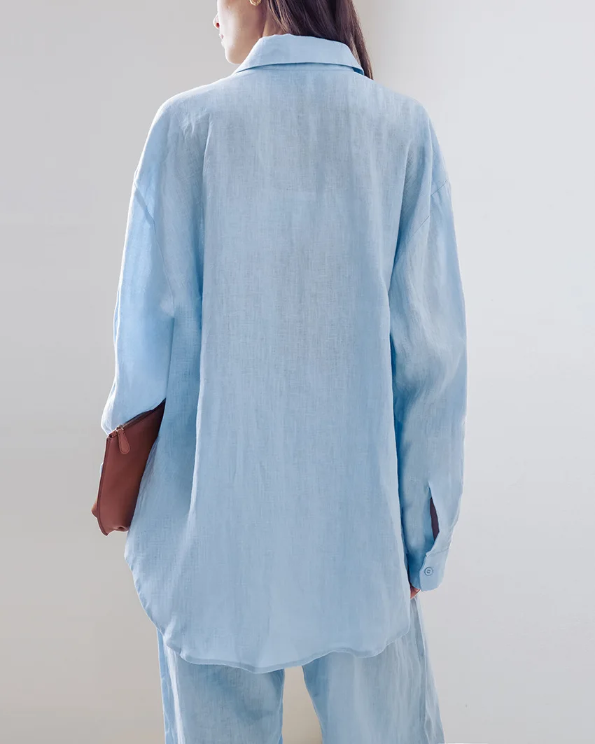 100% Katoen Linnen Vrouwen Casual Tweedelige Set 2025 Fashion High Street Lange Mouw Revers T-shirt Top Losse Zak broek Pak