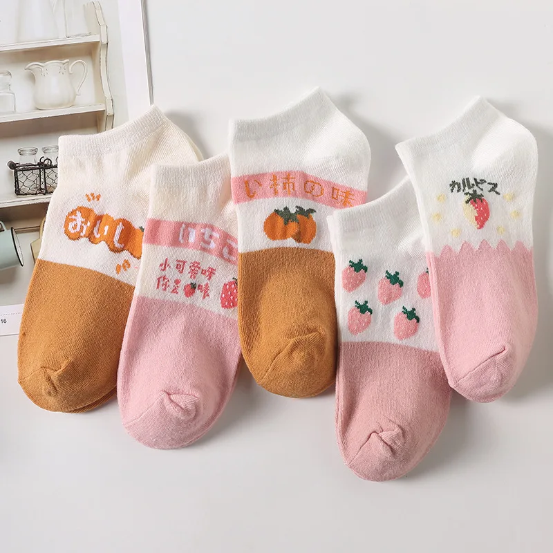 

5 Pairs/Lot Women Cotton Ankle Socks Fun Cute Casual Boat Sock Suit Spring Summer Fruit Stripes Love Bear Low Cut Waist