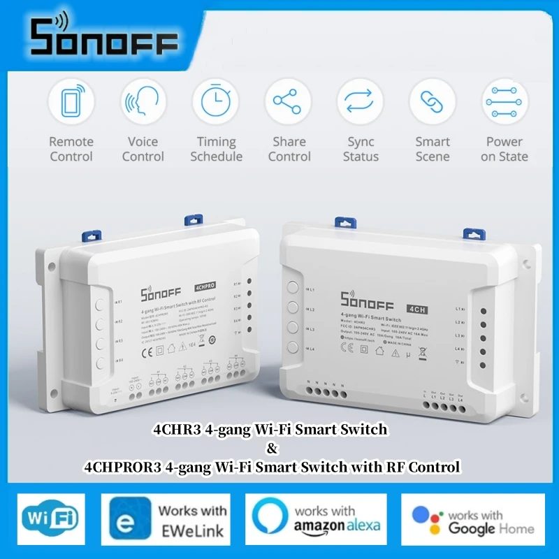 

Умный выключатель SONOFF 4CHR3/4CHPROR3 4Gang WiFi EWelink APP, дистанционное управление, автоматизация умного дома через Alexa Google Alice, 1-3 шт.