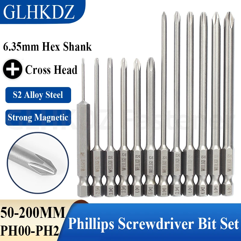 

50-200mm Phillips Screwdriver Bit Set Cross Head Electric Screwdriver Bit Hex Shank Magnetic Driver Bit Power Tool Bits PH00-PH2